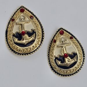 Vintage Large Gold Anchor Teardrop Earrings with Red Gems